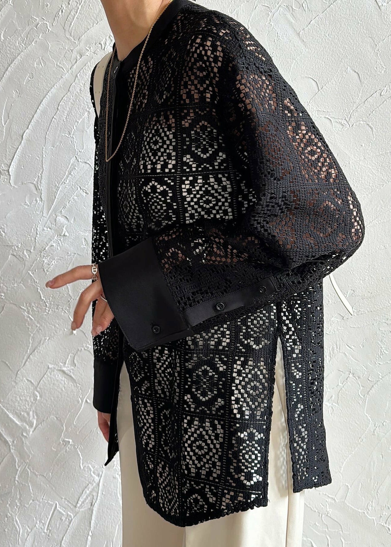 Fine Black Hollow Out Side Open Lace Tops Summer