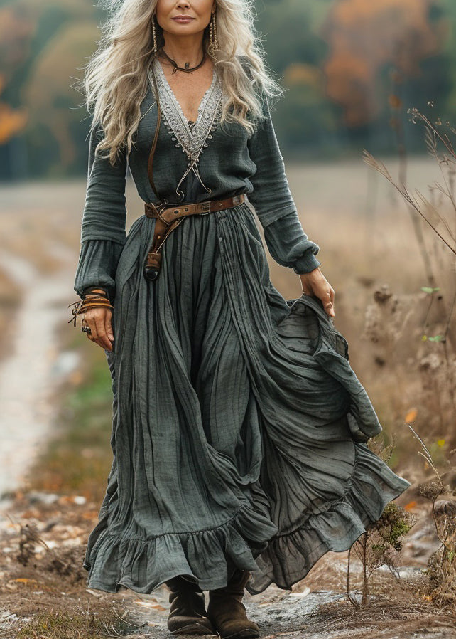 Loose V Neck Ruffled Patchwork Cotton Maxi Dress Long Sleeve