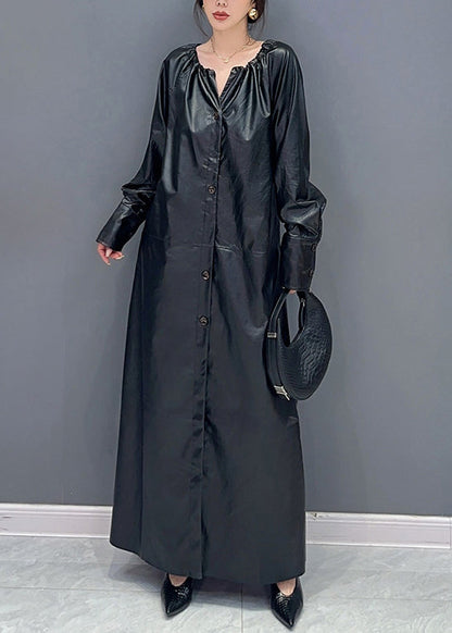 Coffee Drawstring Tie Waist Faux Leather Long Trench Coat Fall