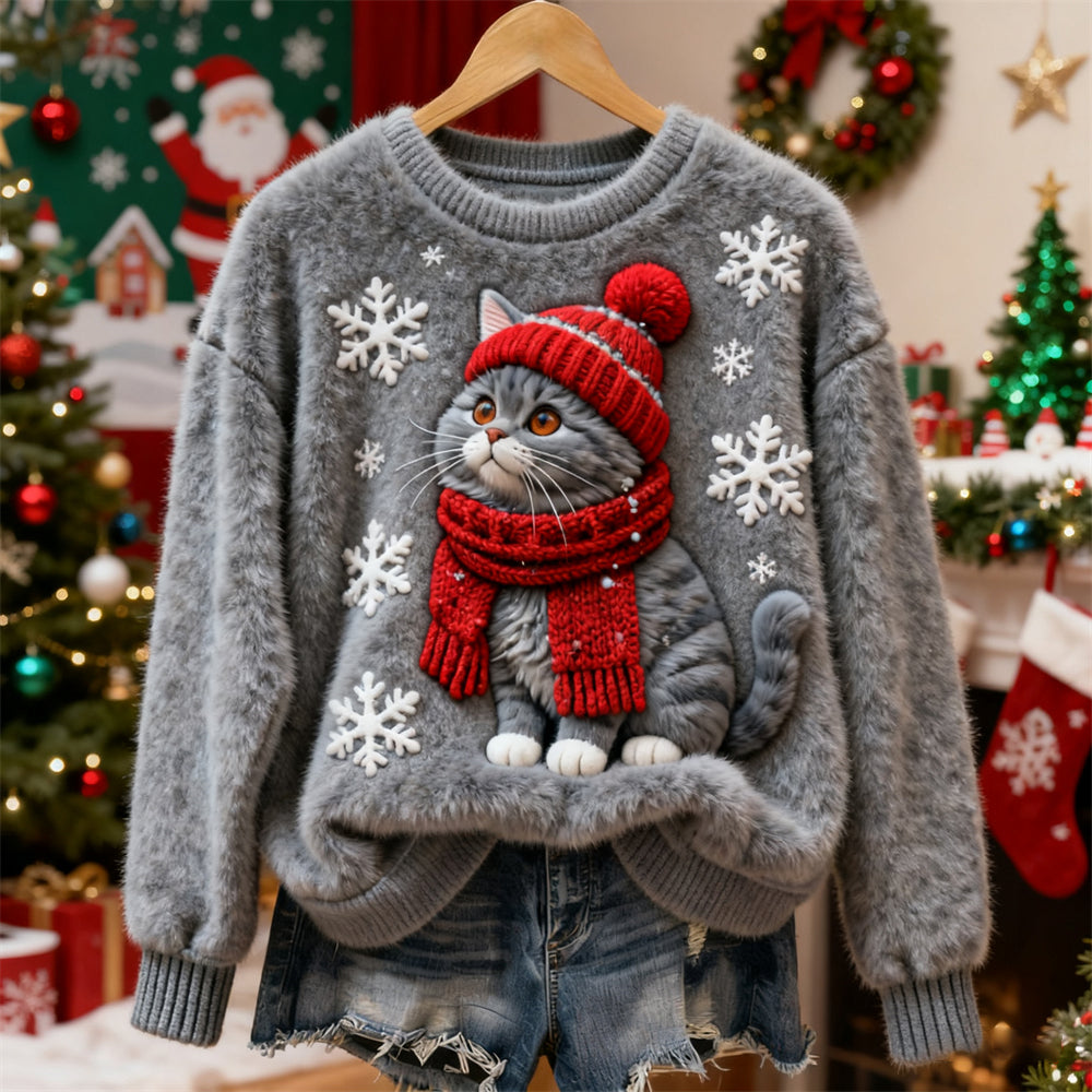 Christmas Plush Cat Art Women's Cozy Plush Sweater
