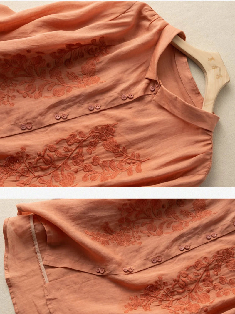 Embroidered 3/4 Sleeve Linen Shirt Top