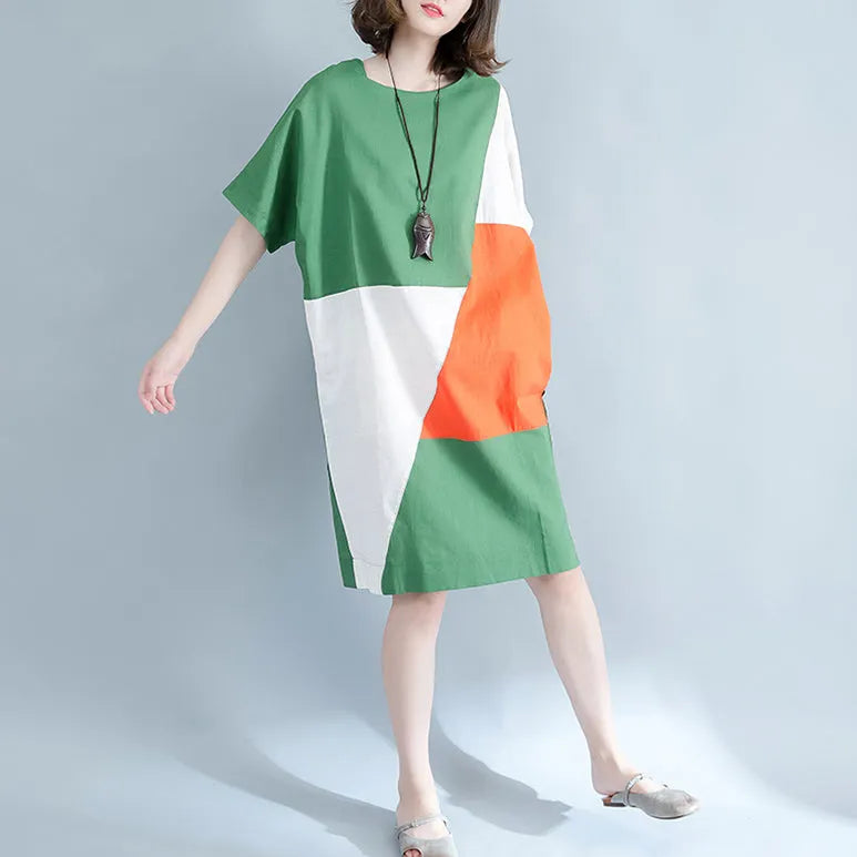 Fine Green Midi Linen Dresses Clothing Shirt Dress O Neck Patchwork Linen Dresses