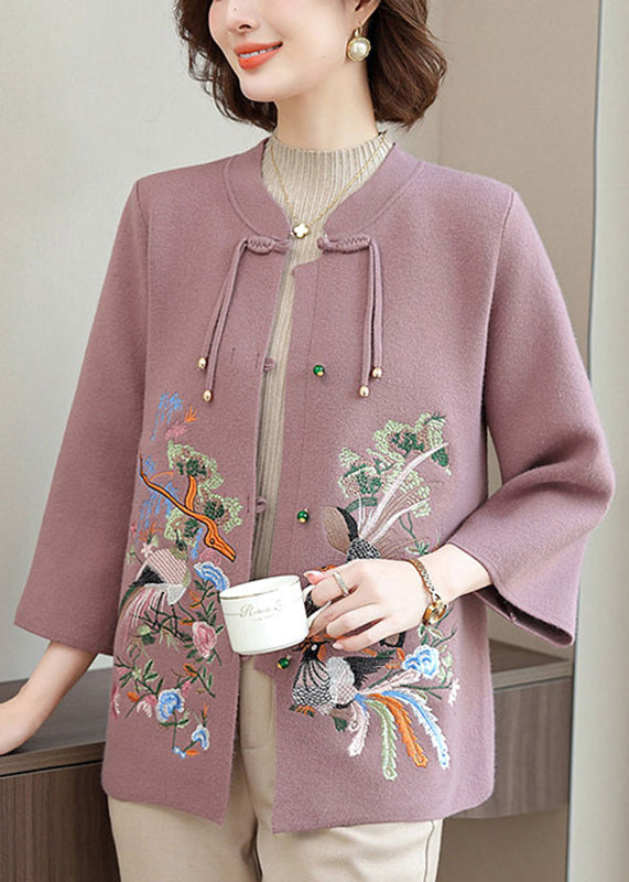 Purple Wool Knit Cardigan Embroidered Long Sleeve