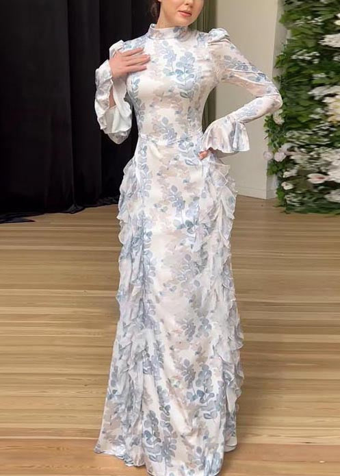 White Print Ruffles Chiffon Long Dresses Spring