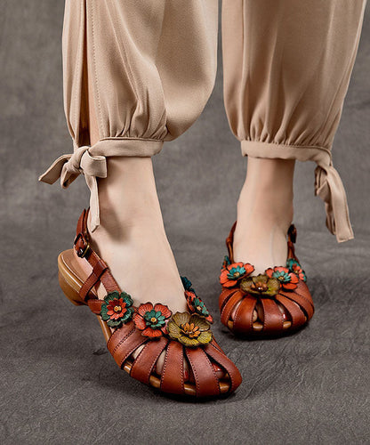 Brown Sandals Splicing Cowhide Leather Hollow Out Buckle Strap