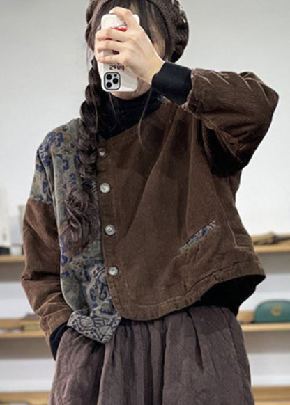 Black Print Asymmetrical Corduroy Fine Cotton Filled Jacket Winter