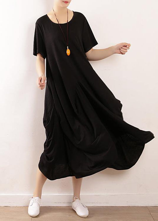 French Black Linen Quilting Dresses Fitted Sleeve Big Hem a Line Summer Dress