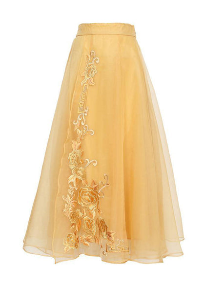 Yellow Embroideried High Waist Tie Waist Tulle Skirts Fall