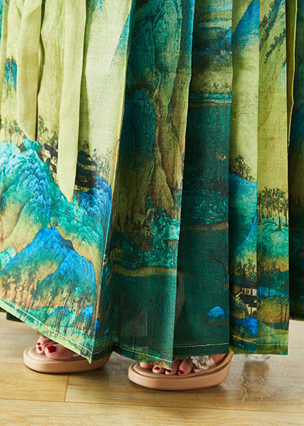 Green High Waist Print Pleated Skirt Fall