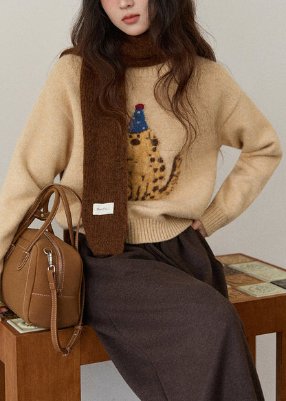 Khaki O Neck Animal Knit Sweater Winter