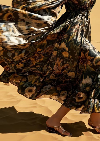 Black Print Exra Large Hem Silk Holiday Dresses Spring