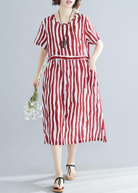 Handmade Red Striped Clothes O Neck Drawstring Art Summer Dress