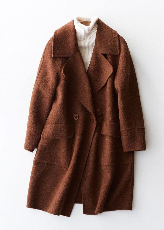 Beige Woolen Coat Medium Length Jackets Big Pockets Woolen Outwear Lapel Collar