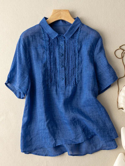 Color Short Sleeve Linen Pleated Top