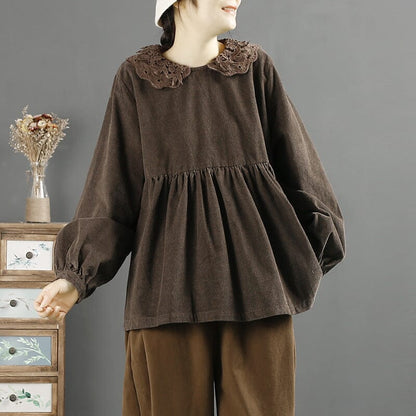 Autumn Winter Loose Corduroy Lace Patchwork Sweater