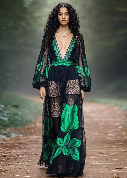 Black Print Original Design Chiffon Long Dress Spring