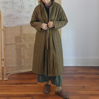 Winter Retro Quilted Lacing Belt Loose Cotton Overcoat