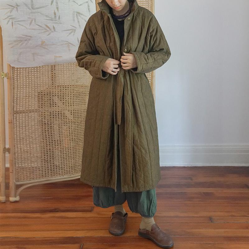Winter Retro Quilted Lacing Belt Loose Cotton Overcoat