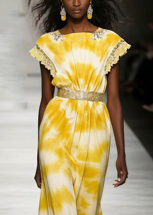 Yellow Tie Dye Chiffon Tunic Dresses Sleeveless