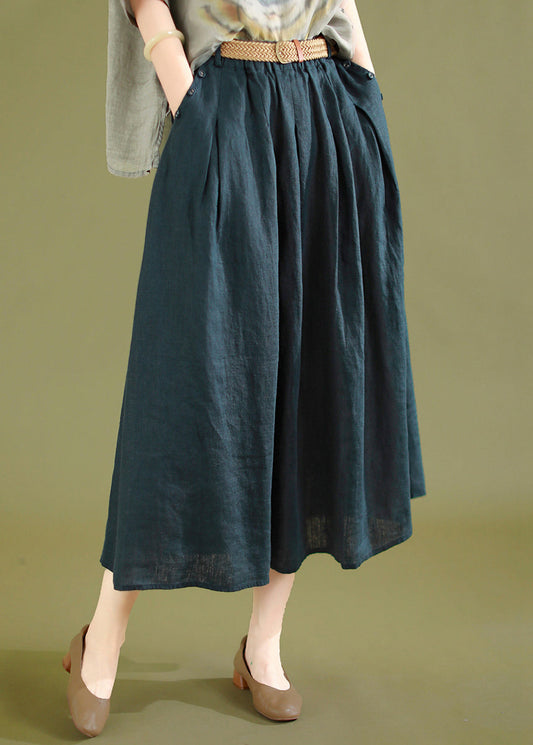Navy Wrinkled Linen Skirts Elastic Waist Summer