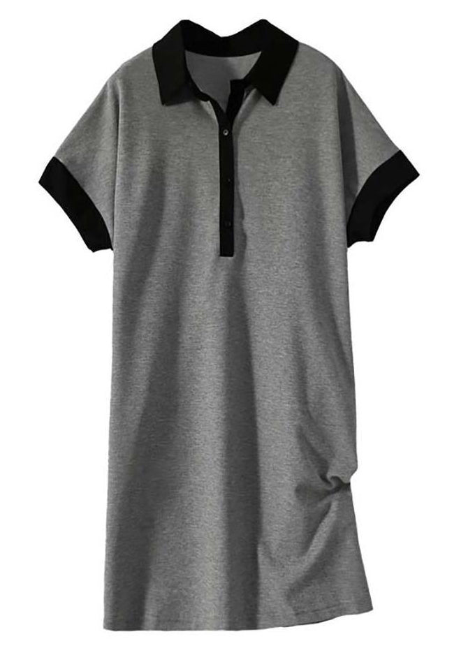 Grey Peter Pan Collar Button Patchwork Cotton Dress Summer