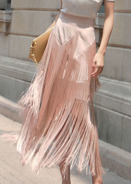 Pink Zip Up Tassel Patchwork Skirt Spring