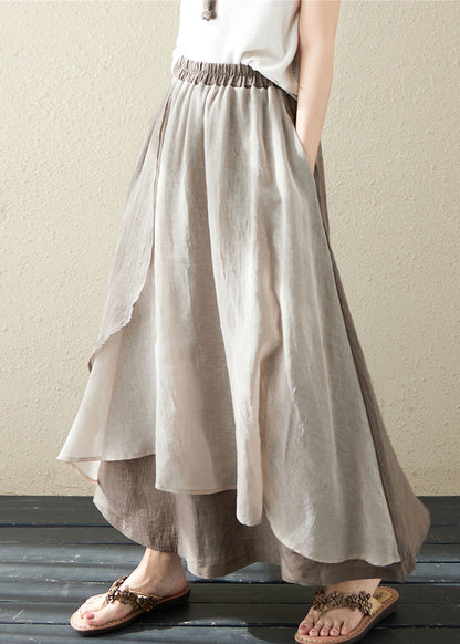 Khaki Pockets Asymmetrical Design Patchwork Linen Skirt Summer