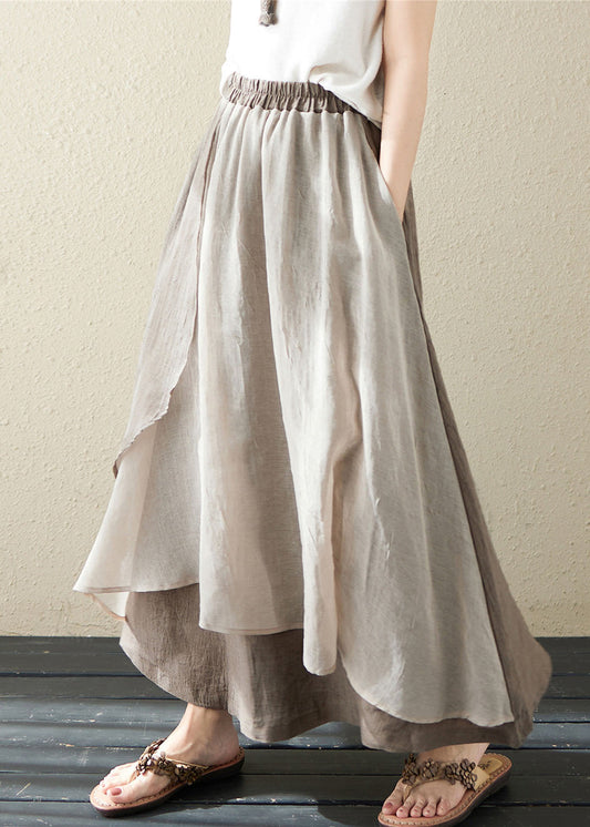 Khaki Pockets Asymmetrical Design Patchwork Linen Skirt Summer