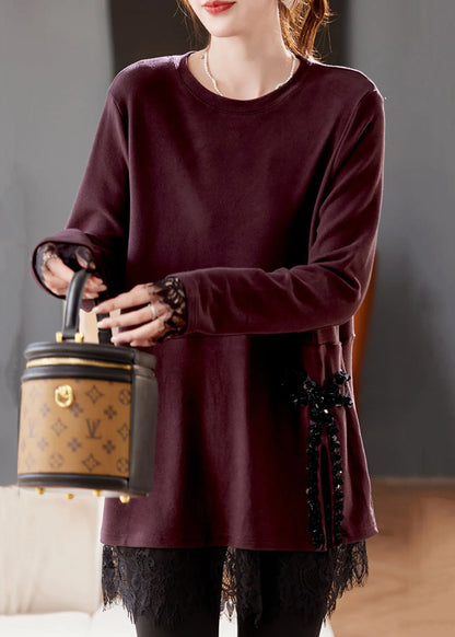 Purple Sequins Lace Patchwork T Shirt Spring