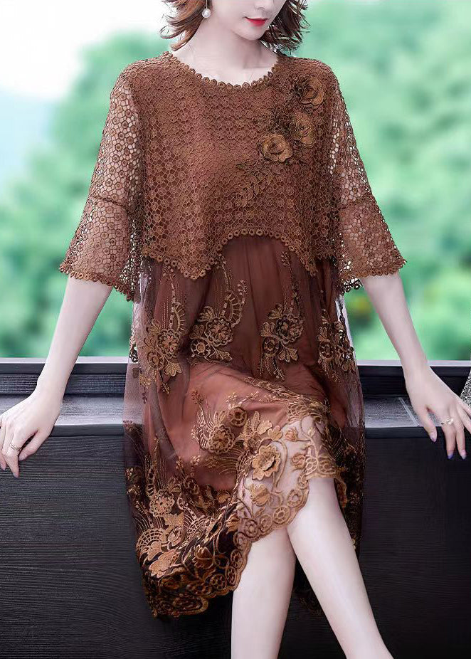 Brown O-neck Embroidered Lace Vacation Dresses Half Sleeve
