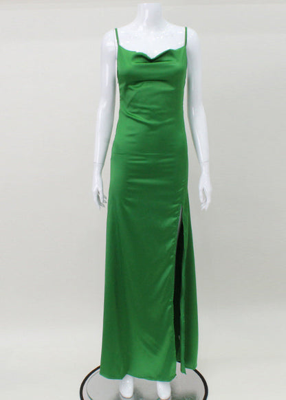 Green Slash Neck Silk Long Spaghetti Strap Dress Sleeveless