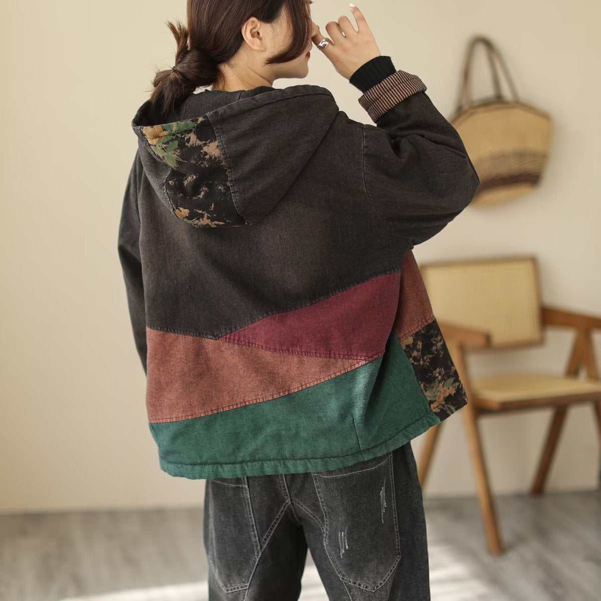 Padded Thick Loose Colorblock Denim Jacket