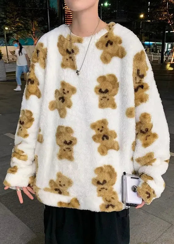 New White O Neck Little Bear Fluffy Sweatshirt Pajamas Winter