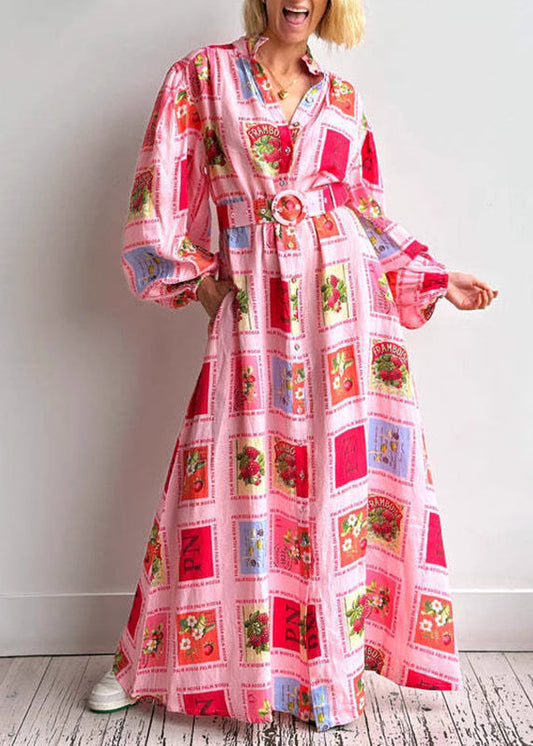 Red Stand Collar Print Slim Maxi Dresses Fall