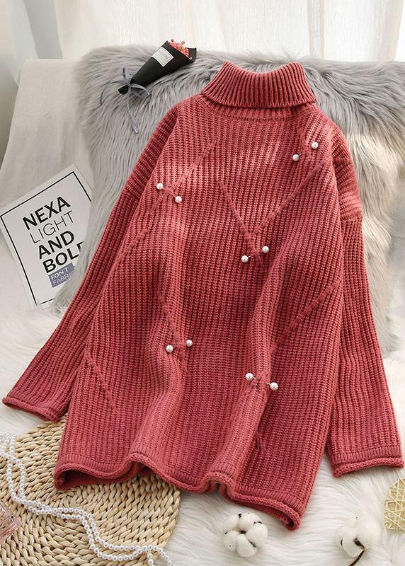 Chunky High Neck Red Sweaters Rivet Knit Top Silhouette