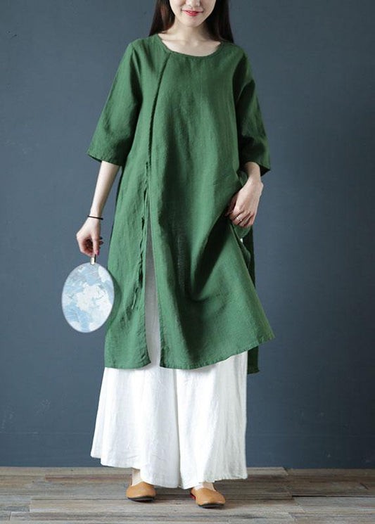 Natural Green Linen Dresses O Neck Side Open Cotton Dress