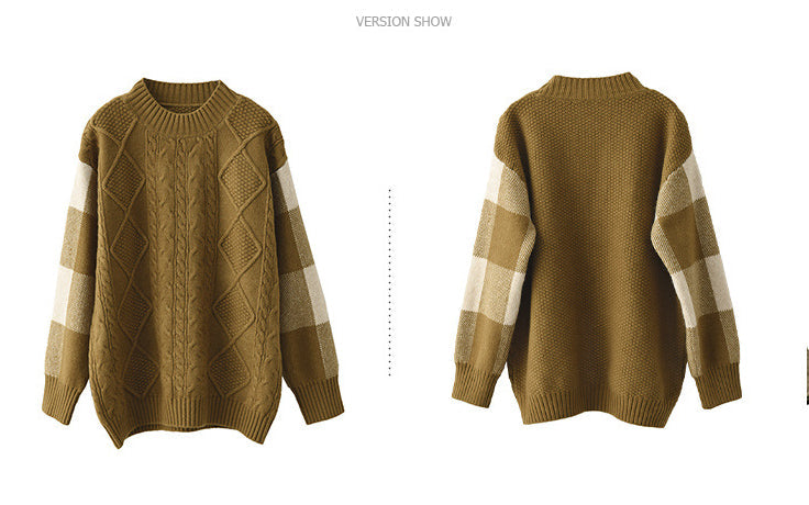Retro Thick Jacquard Knit Color Block Three-dimensional Sweater