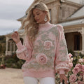 Comstylish Women's Floral Embroidery Art Turtleneck Knit Sweater