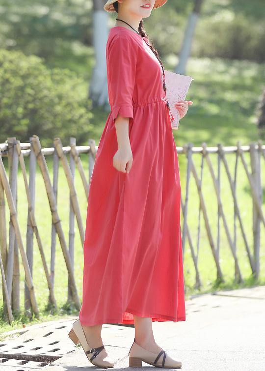 Red Linen Cotton Dresses Indian Pattern V Neck Three Quarter Sleeve Love Summer Dress