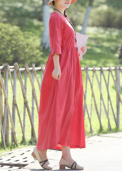 Red Linen Cotton Dresses Indian Pattern V Neck Three Quarter Sleeve Love Summer Dress