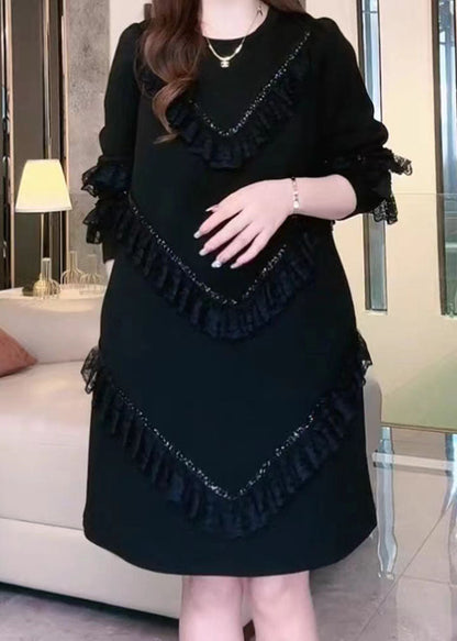 Black O-neck Ruffled Patchwork Mid Dress Fall