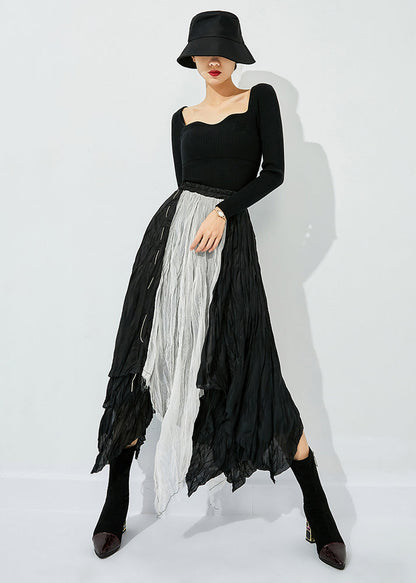 Colorblock Asymmetrical Patchwork Wrinkled Cotton Skirts Summer