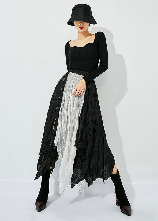 Colorblock Asymmetrical Patchwork Wrinkled Cotton Skirts Summer