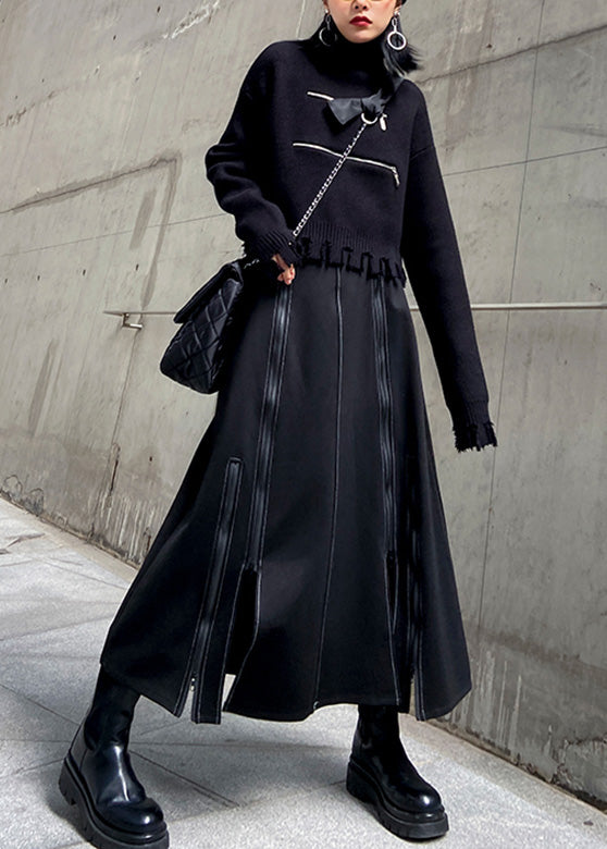 Black Elastic Waist Zippered a Line Skirt Spring