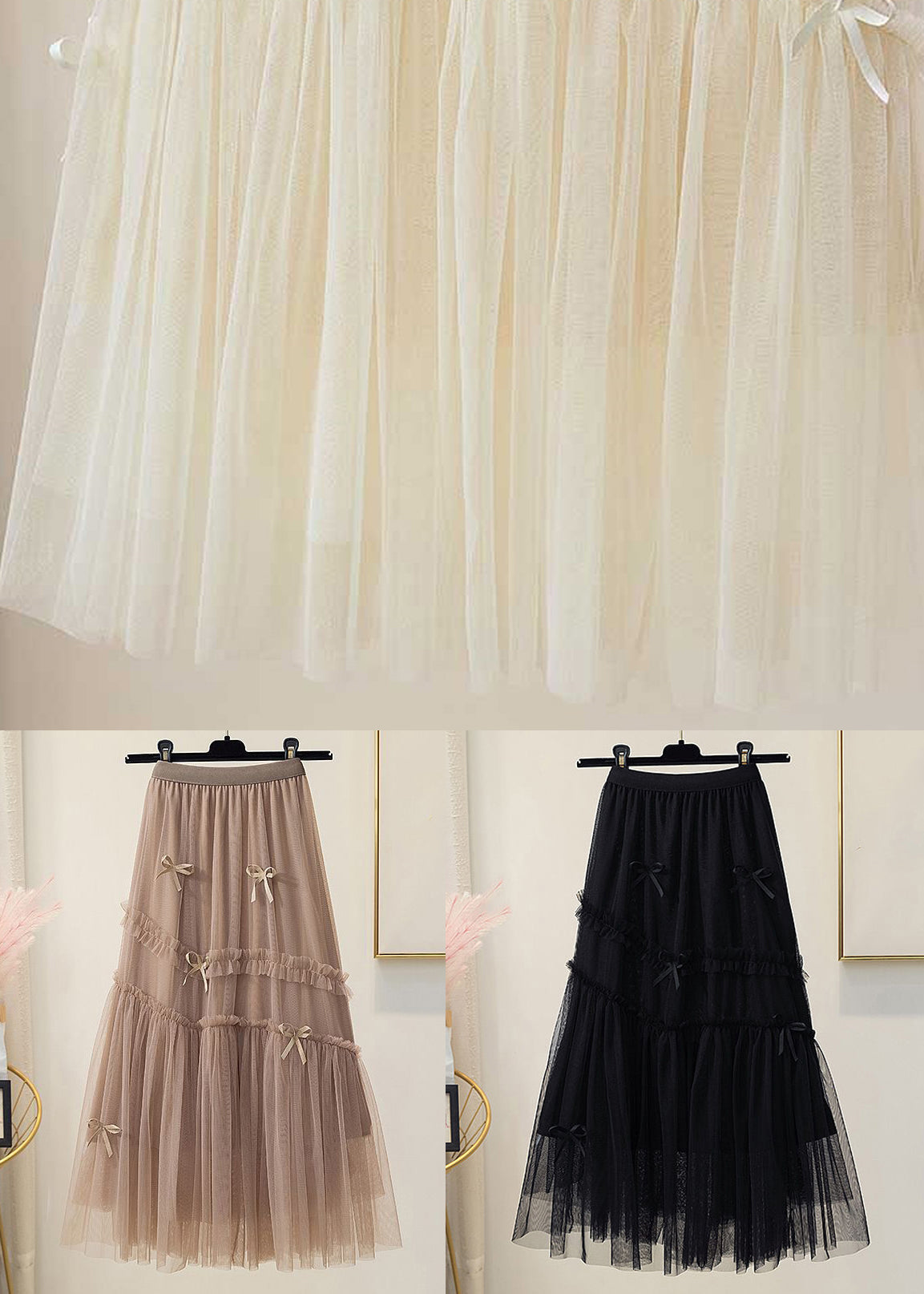 New Apricot Elastic Waist Tulle Pleated Skirt