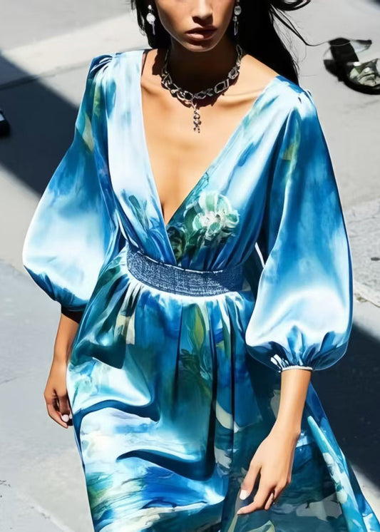 Blue Print Silk Tunic Dress Bracelet Sleeve