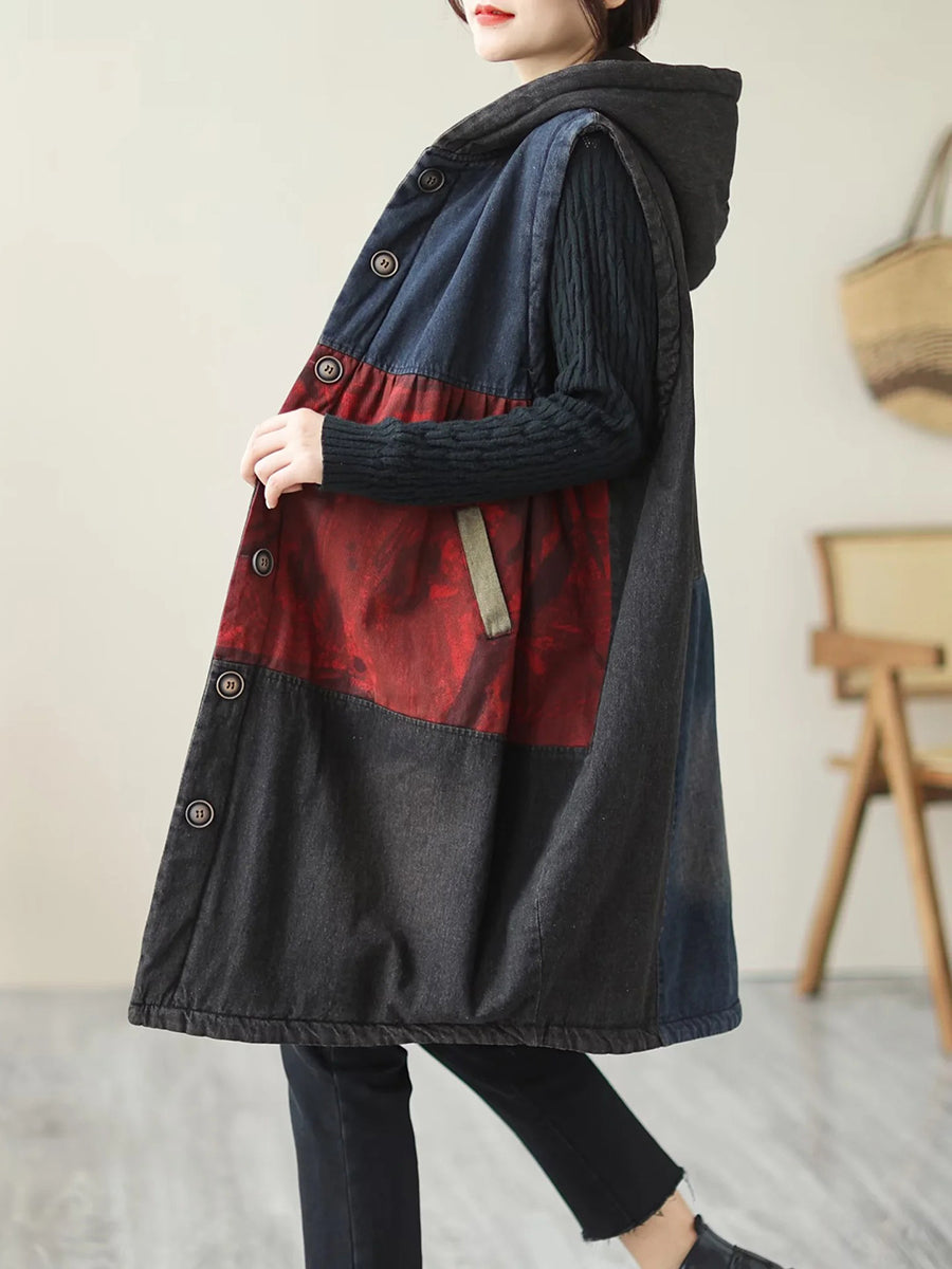 Winter Colorblock Hooded Mid Length Waist Coat