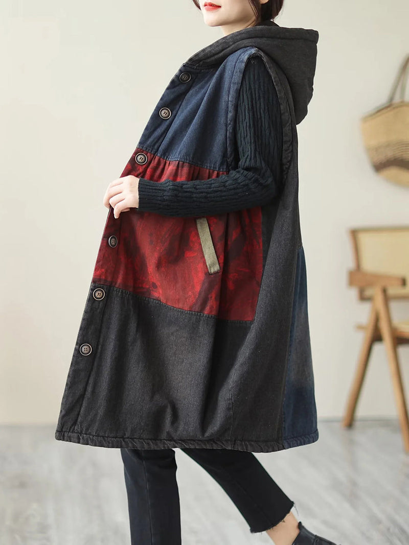 Winter Colorblock Hooded Mid Length Waist Coat
