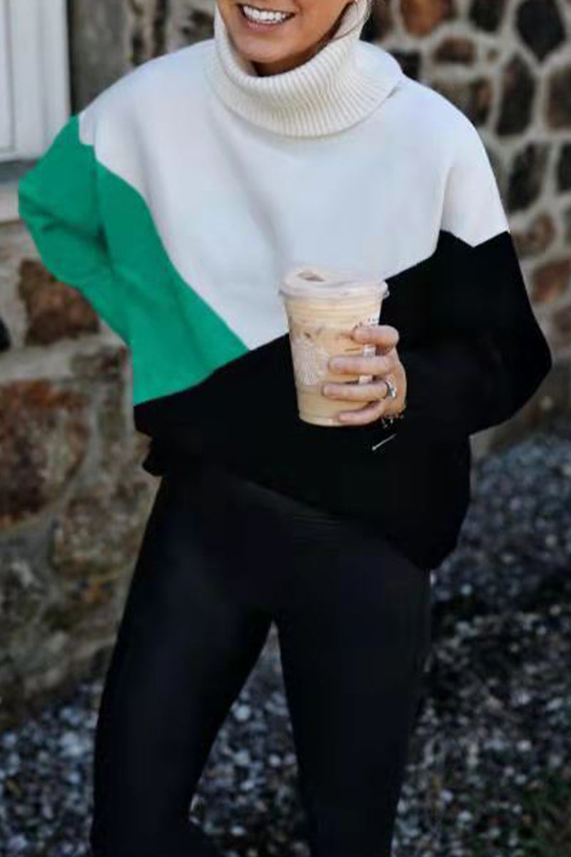 Work Color Block Patchwork Turtleneck Tops