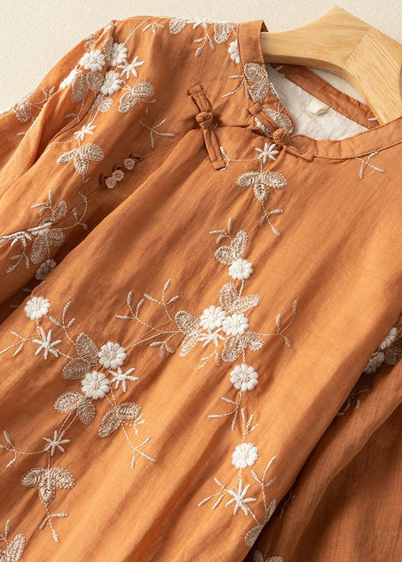 Orange Embroidered Chinese Button Patchwork Linen Dress Summer